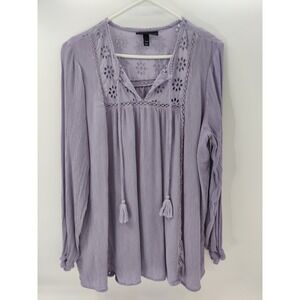 Lane‎ Bryant Purple Gauze Eyelet Embroidered Tassel Tie Long Sleeve Blouse 14/16